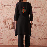 Ruqayya Timeless Black Abstract Multi-colour Embroidered Asymmetric A-line Long Kurta Set