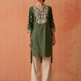 Kyra Mehndi Green Printed Cotton Designer Kurta for Women