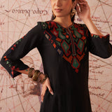 Ruqayya Timeless Black Abstract Multi-colour Embroidered Asymmetric A-line Long Kurta Set