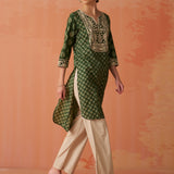 Kyra Mehndi Green Printed Cotton Designer Kurta for Women