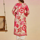Aurora Dark Pink Floral Printed Satin V-neck Long Kurti