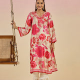 Aurora Dark Pink Floral Printed Satin V-neck Long Kurti