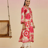 Aurora Dark Pink Floral Printed Satin V-neck Long Kurti
