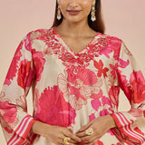 Aurora Dark Pink Floral Printed Satin V-neck Long Kurti