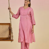 Jashn Light Peach Self Embroidered Satin V-neck Straight Long CO-ord Set