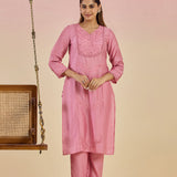 Jashn Light Peach Self Embroidered Satin V-neck Straight Long CO-ord Set
