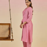 Jashn Light Peach Self Embroidered Satin V-neck Straight Long CO-ord Set