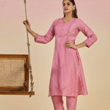 Jashn Light Peach Self Embroidered Satin V-neck Straight Long CO-ord Set