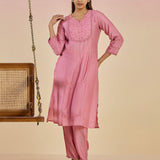 Jashn Light Peach Self Embroidered Satin V-neck Straight Long CO-ord Set