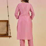 Jashn Light Peach Self Embroidered Satin V-neck Straight Long CO-ord Set