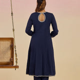 Kaya Navy Blue Cotton Jacquard Flared Mirrorwork Co-ord Set