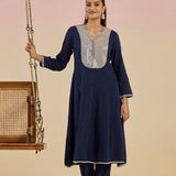 Kaya Navy Blue Cotton Jacquard Flared Mirrorwork Co-ord Set