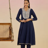 Kaya Navy Blue Cotton Jacquard Flared Mirrorwork Co-ord Set