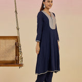Kaya Navy Blue Cotton Jacquard Flared Mirrorwork Co-ord Set