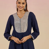 Kaya Navy Blue Cotton Jacquard Flared Mirrorwork Co-ord Set