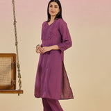 Jashn Daisy Rose Self Embroidered Satin V-neck Straight Long Co-ord Set