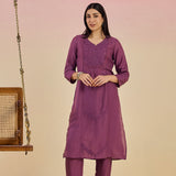 Jashn Daisy Rose Self Embroidered Satin V-neck Straight Long Co-ord Set