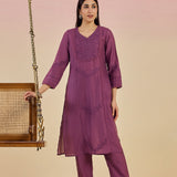 Jashn Daisy Rose Self Embroidered Satin V-neck Straight Long Co-ord Set