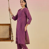 Jashn Daisy Rose Self Embroidered Satin V-neck Straight Long Co-ord Set