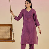 Jashn Daisy Rose Self Embroidered Satin V-neck Straight Long Co-ord Set