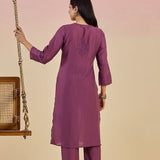 Jashn Daisy Rose Self Embroidered Satin V-neck Straight Long Co-ord Set