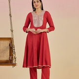 Kaya Deep Rust Cotton Jacquard Flared Mirrorwork Co-ord Set