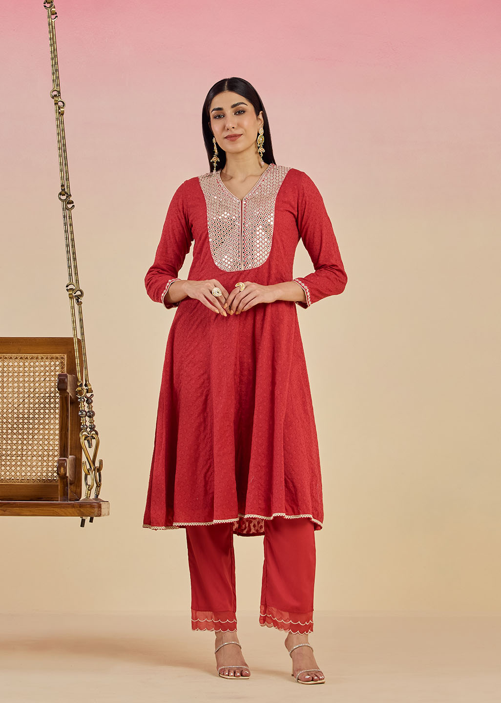 Kaya Deep Red Cotton Jacquard Flared Mirrorwork Kurta Set
