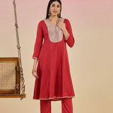 Kaya Deep Rust Cotton Jacquard Flared Mirrorwork Co-ord Set