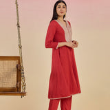 Kaya Deep Rust Cotton Jacquard Flared Mirrorwork Co-ord Set