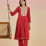Kaya Deep Rust Cotton Jacquard Flared Mirrorwork Co-ord Set