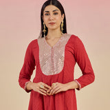 Kaya Deep Rust Cotton Jacquard Flared Mirrorwork Co-ord Set