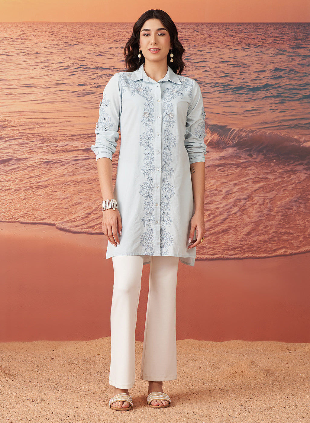 Viviana Blue Rayon Embroidered Tunic for Women