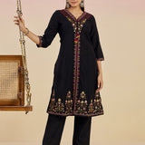 Ibadat Black Embroidered V-neck Straight Long Kurta Set
