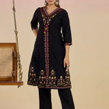 Ibadat Black Embroidered V-neck Straight Long Kurta Set