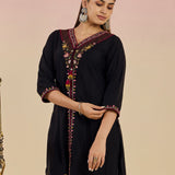 Ibadat Black Embroidered V-neck Straight Long Kurta Set