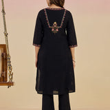 Ibadat Black Embroidered V-neck Straight Long Kurta Set