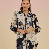 Vesper Black Floral Printed Georgette Collared Shirt