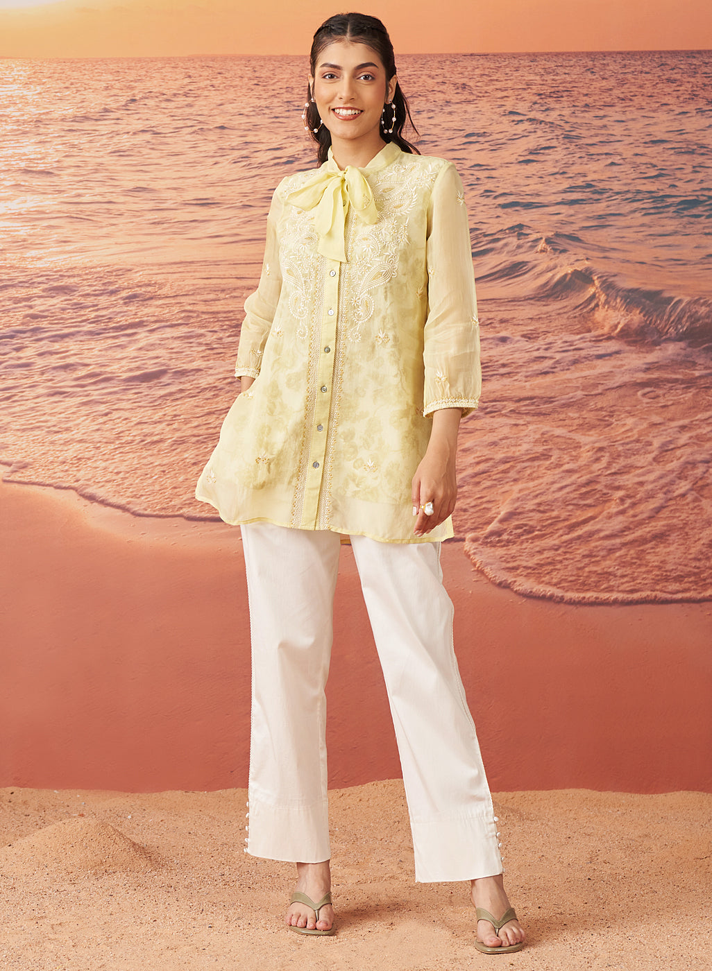 Kayla Lemon Embroidered Organza Top for Women