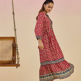 Cherie Maroon Checkered Print Rayon Flared Dress