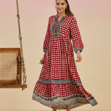 Cherie Maroon Checkered Print Rayon Flared Dress