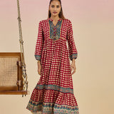 Cherie Maroon Checkered Print Rayon Flared Dress