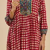 Cherie Maroon Checkered Print Rayon Flared Dress