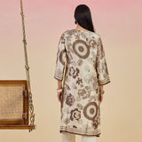 Aurora Grey Floral Printed Satin V-neck Long Kurti