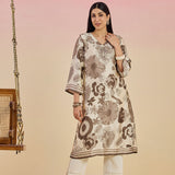 Aurora Grey Floral Printed Satin V-neck Long Kurti