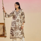 Aurora Grey Floral Printed Satin V-neck Long Kurti