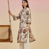Aurora Grey Floral Printed Satin V-neck Long Kurti