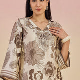 Aurora Grey Floral Printed Satin V-neck Long Kurti