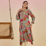 Diantha Grey Floral Printed Rayon Long Straight Kurta