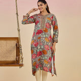 Diantha Grey Floral Printed Rayon Long Straight Kurta