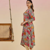 Diantha Grey Floral Printed Rayon Long Straight Kurta